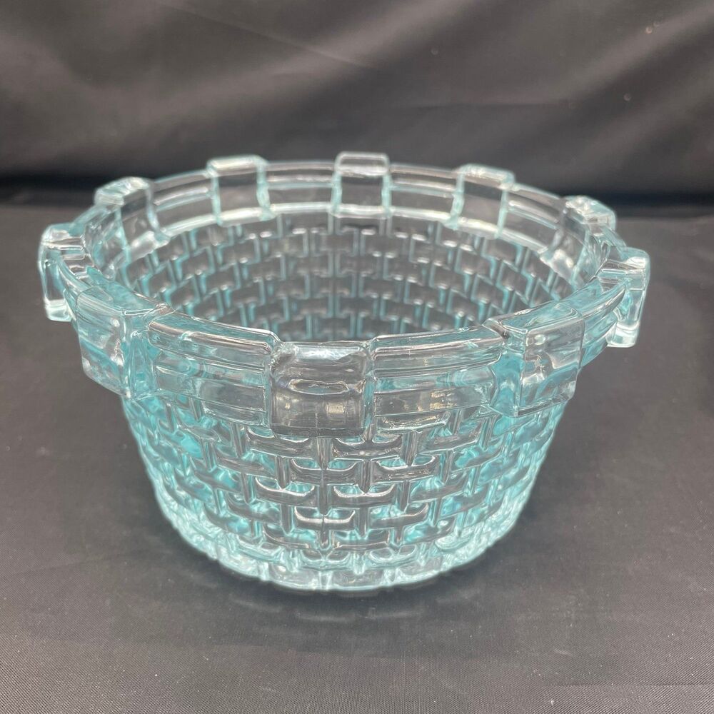 Vintage Blue Glass Basket Weave Bowl Aqua Seafoam Textured Candy Dish